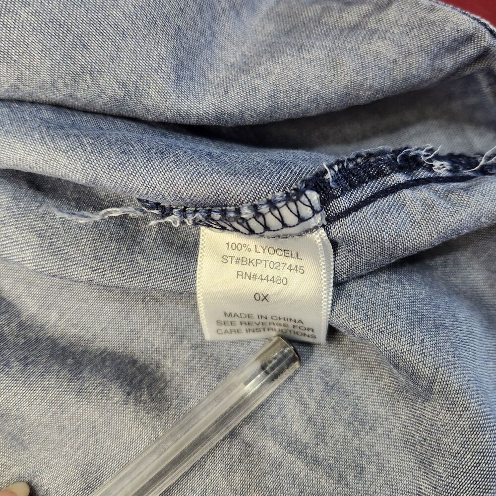 Love Fire Denim Shirt 0X Lyocell Button Down Rhinestone Shoulder Roll Tab READ - Picture 11 of 14
